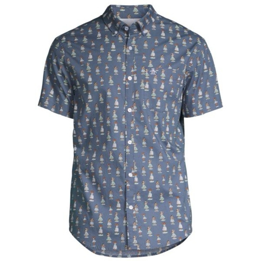 Penguin Blue Hula Dancer Patterned Short Sleeve Button Front Collared Shirt Mens - Picture 11 of 11